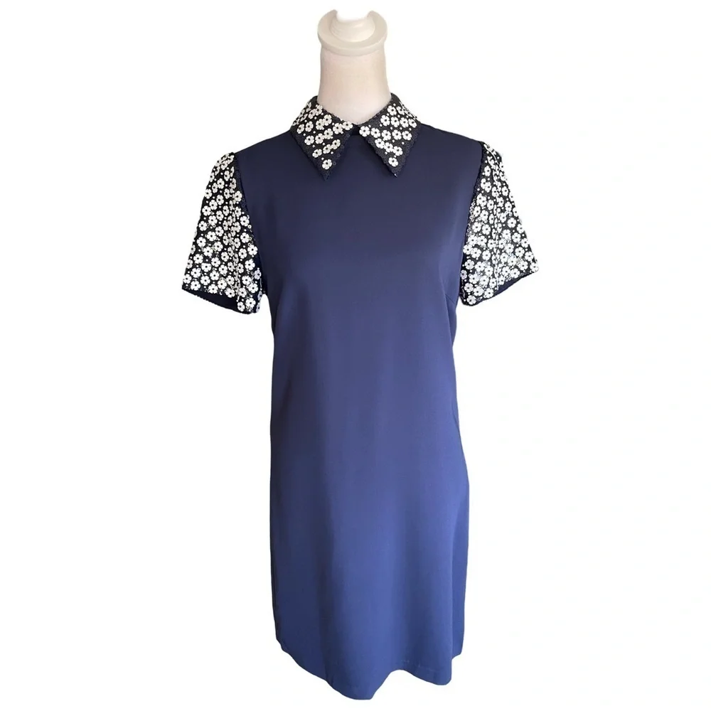 Michael Kors Floral Appliqué Collared Shift Dress Navy Blue and White Size 8